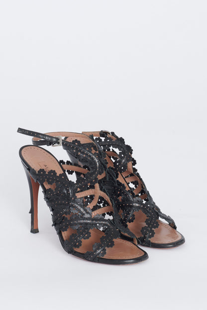 Black Leather Floral Cut Out Preowned Heeled Sandals