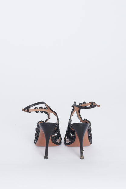 Black Leather Floral Cut Out Preowned Heeled Sandals