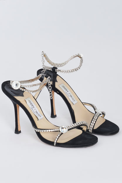 Black Leather And Crystal Preowned Heeled Sandals