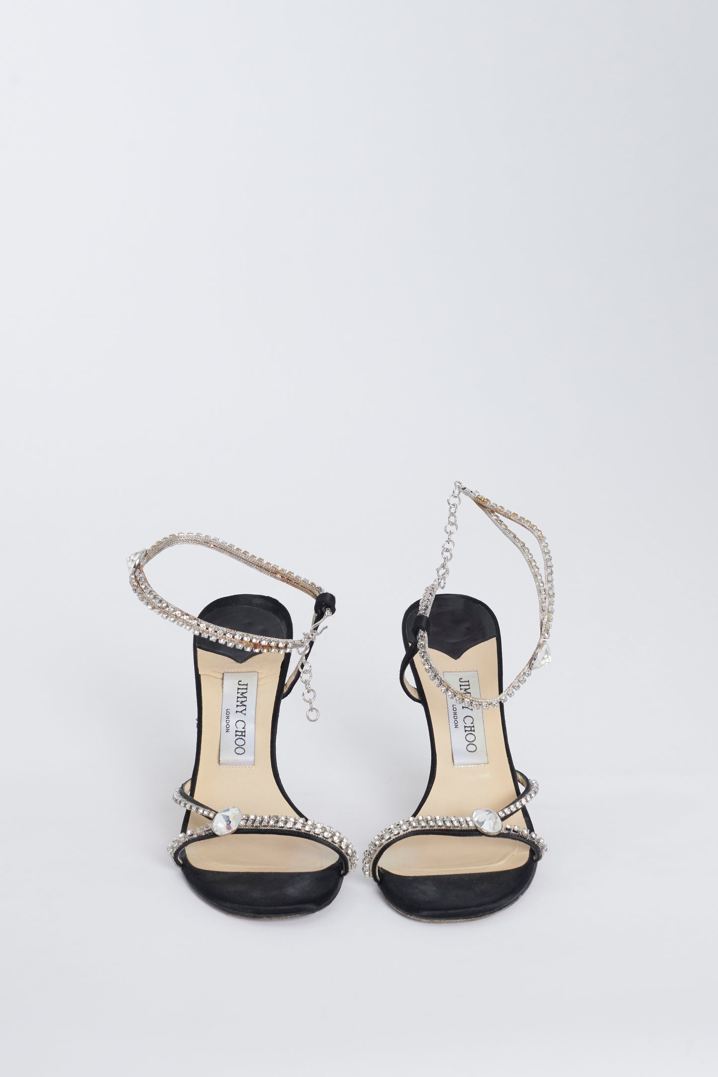 Black Leather And Crystal Preowned Heeled Sandals