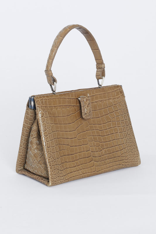 Brown Framed Top Handle Preowned Tote Bag In Croc