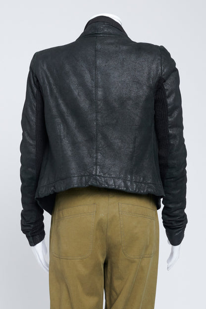 Black Leather Drape Front Biker Jacket