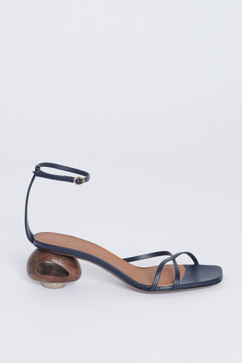 Navy Blue Leather Ankle Strap Preowned Heeled Sandals