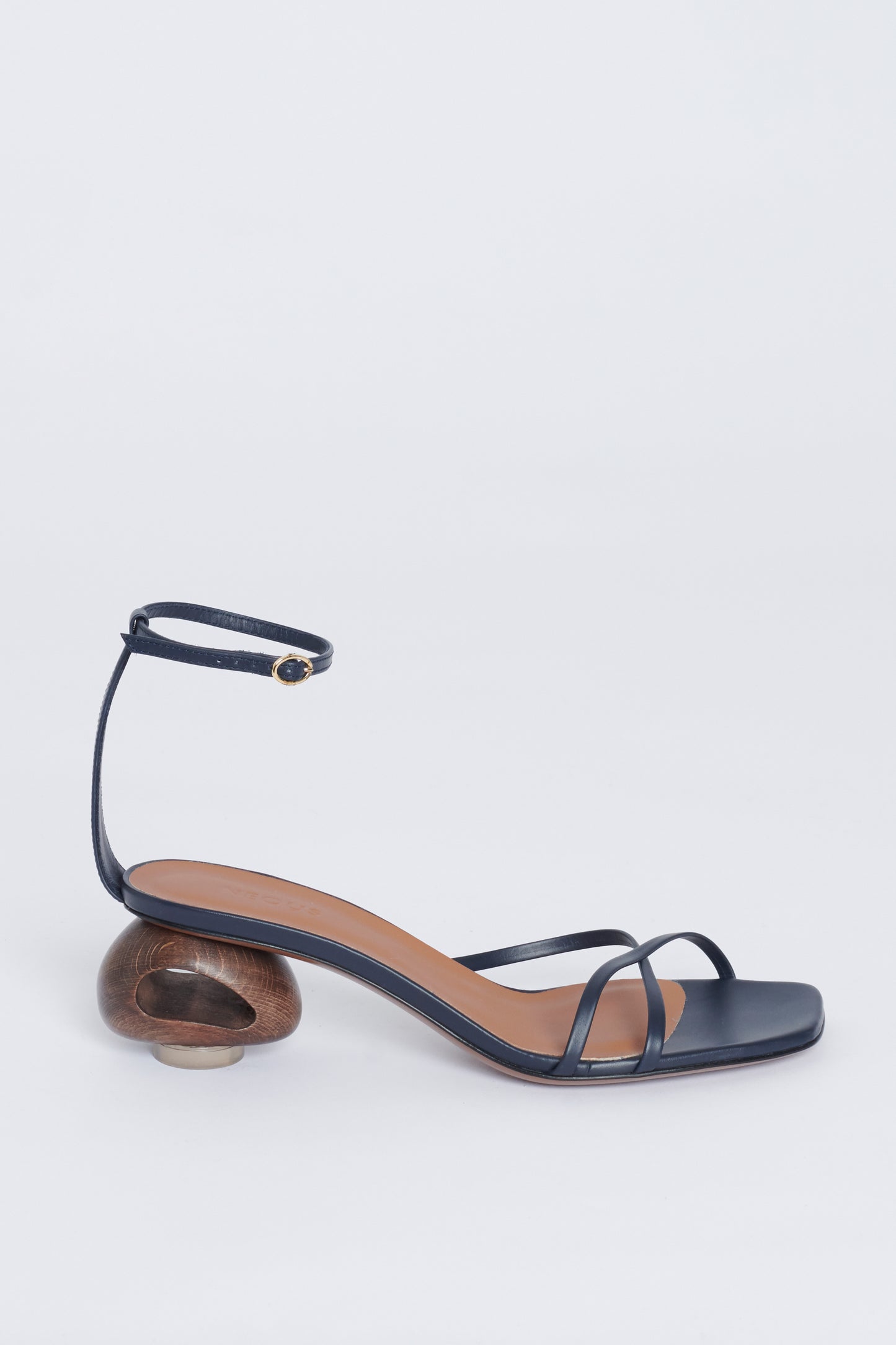 Navy Blue Leather Ankle Strap Preowned Heeled Sandals