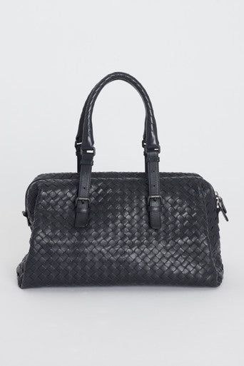 Navy Blue Leather Intrecciato Preowned Boston Bag