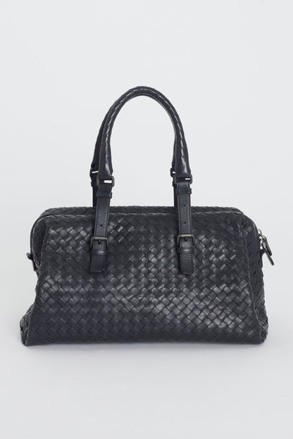 Navy Blue Leather Intrecciato Preowned Boston Bag