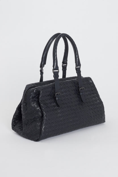 Navy Blue Leather Intrecciato Preowned Boston Bag