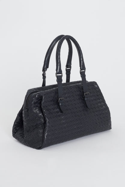 Navy Blue Leather Intrecciato Preowned Boston Bag