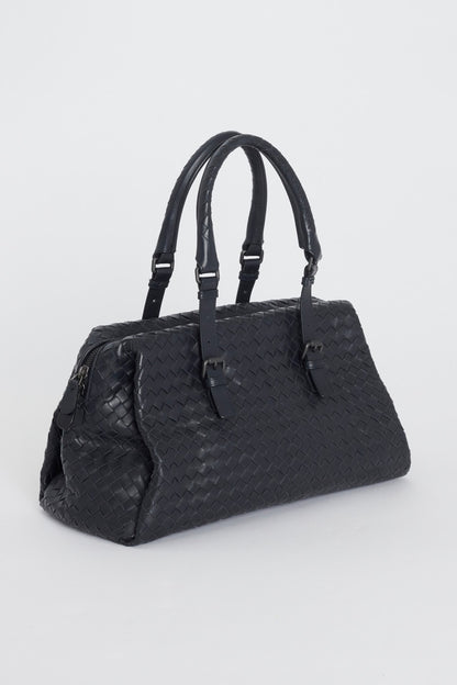 Navy Blue Leather Intrecciato Preowned Boston Bag