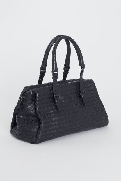 Navy Blue Leather Intrecciato Preowned Boston Bag