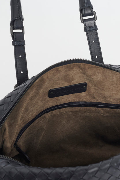 Navy Blue Leather Intrecciato Preowned Boston Bag