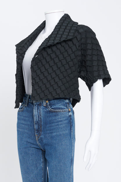 Black Quilt Pleat Asymmetric Jacket With Cropped Sleeves
