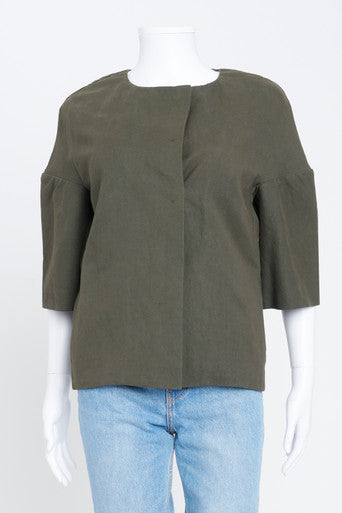 Dark Olive Cotton Linen Crop Sleeve Jacket
