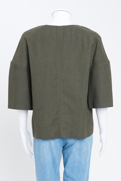 Dark Olive Cotton Linen Crop Sleeve Jacket