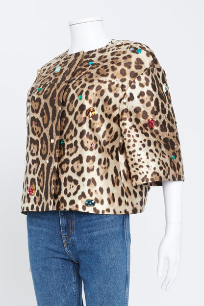 Leopard Print Silk Crop Jacket With Crystal Embellishments