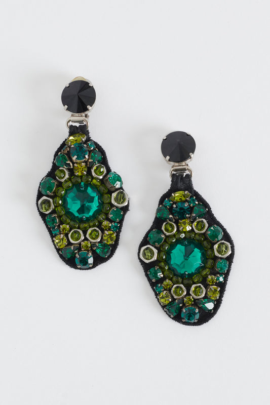 Green Crystal And Beaded Clip Earrings