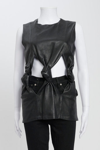 Black Leather Knotted Cut Out Top