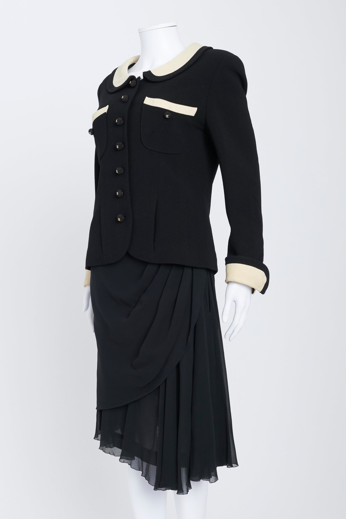 Black Silk Crepe Suit With Chiffon Asymmetric Skirt