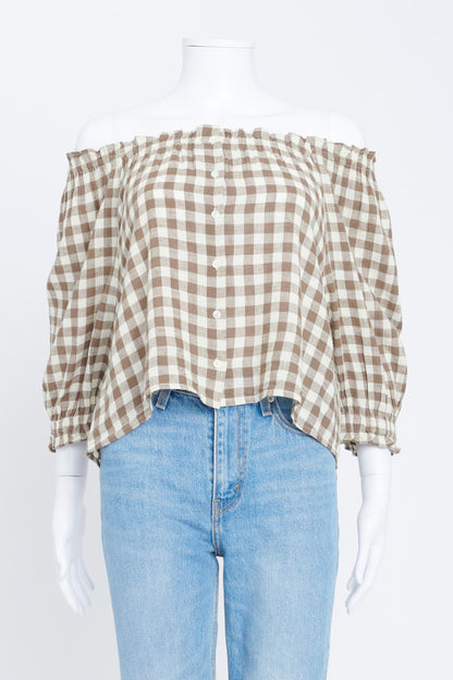 Brown and White Plaid Print Top with Ruffled Cuffs