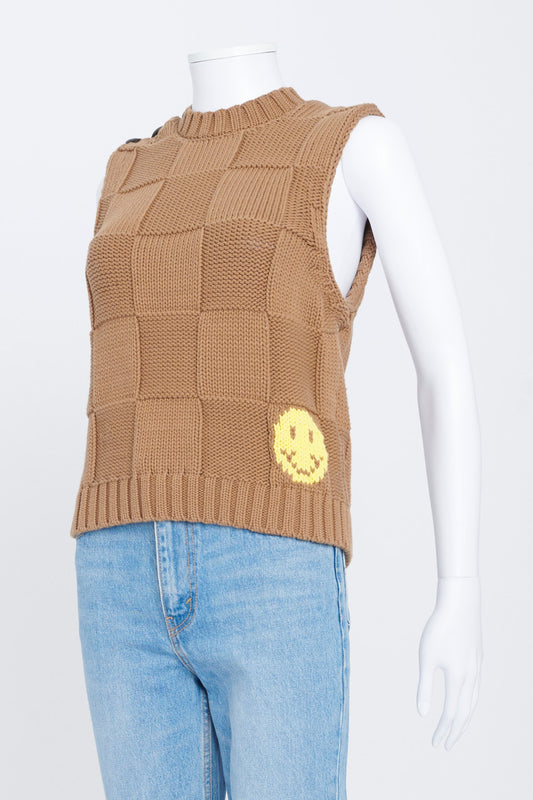 Brown Knitted Sleeveless Top with Neon Yellow Smiley Face