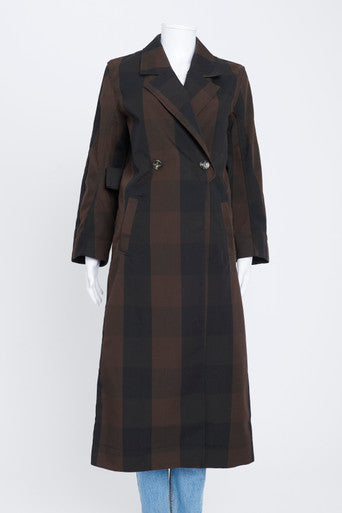 Black and Brown Plaid Print Preowned Trench Coat