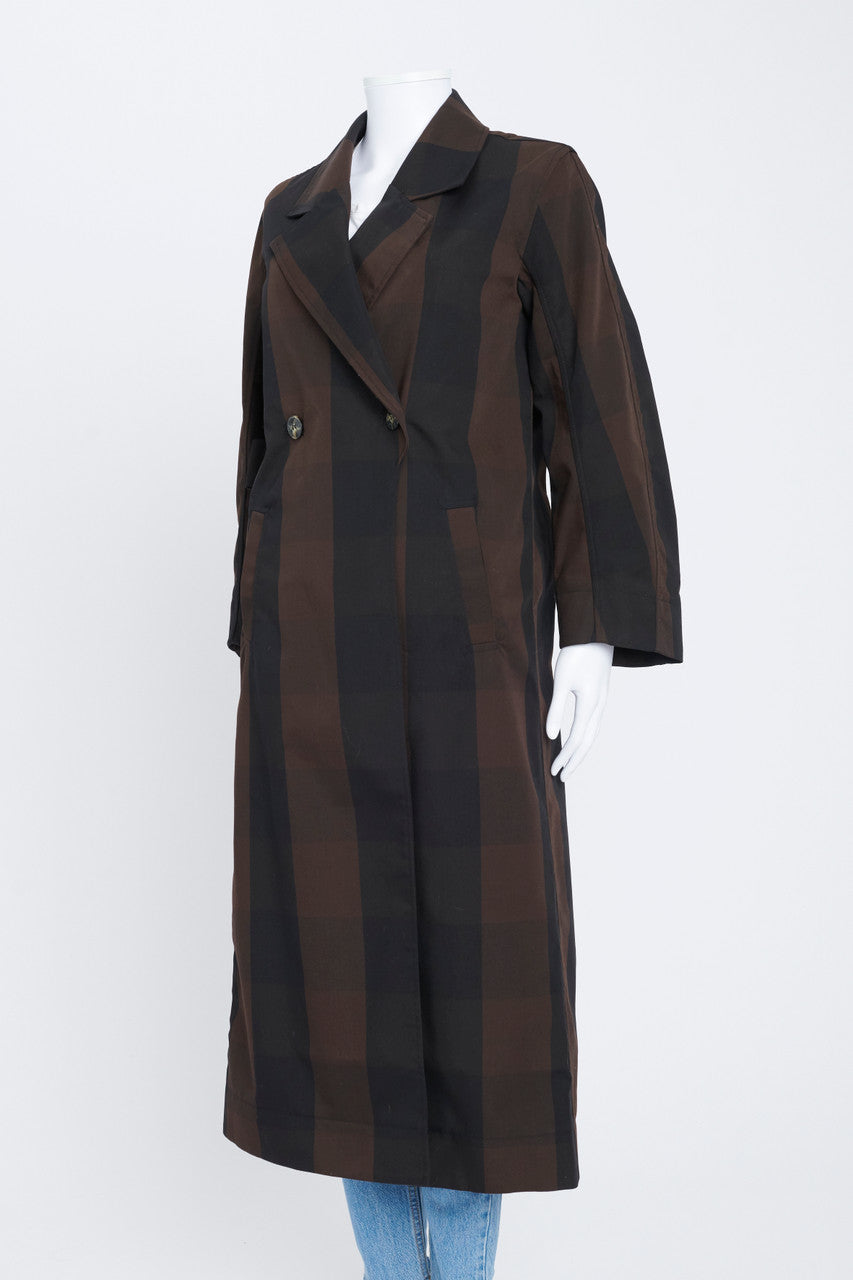 Black and Brown Plaid Print Preowned Trench Coat
