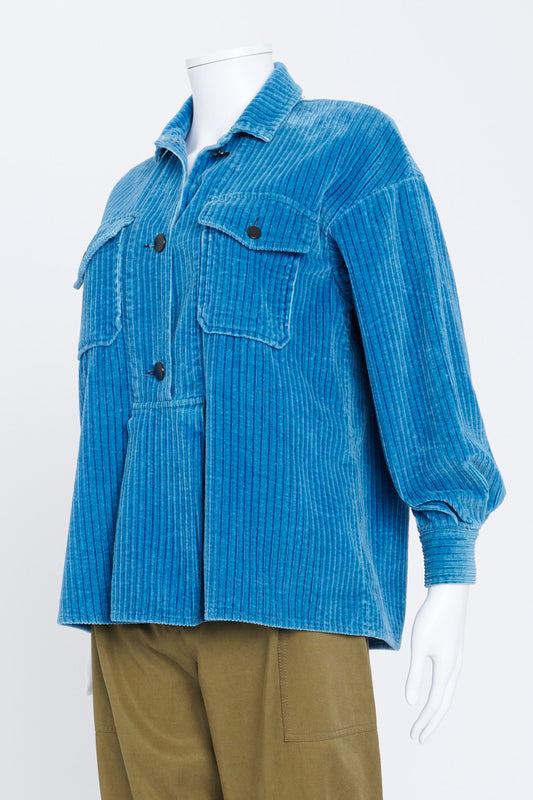 Blue Ribbed Button Down Top