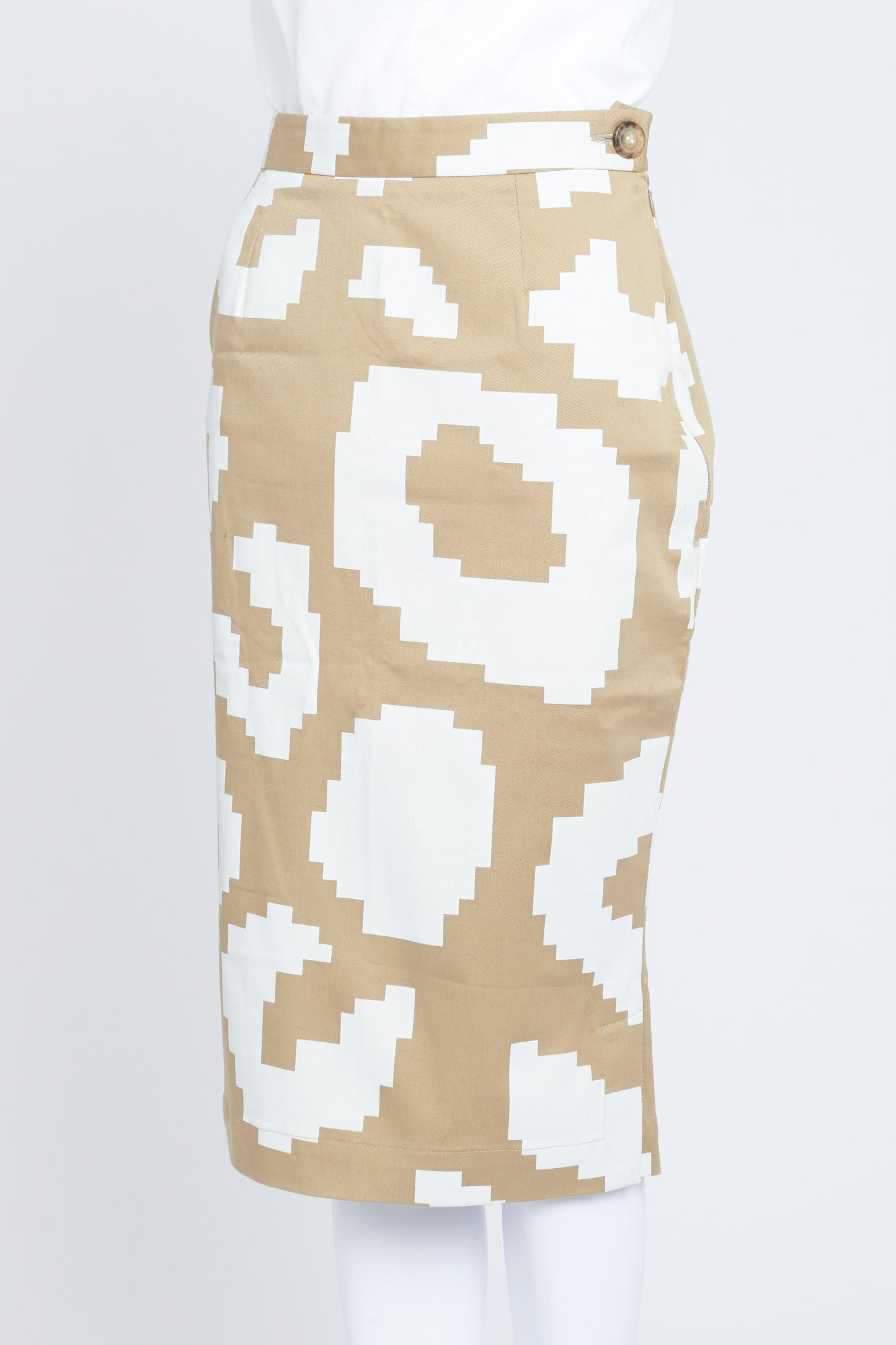 Camel and White Geometric Print Pencil Skirt