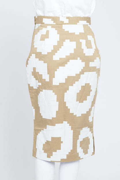 Camel and White Geometric Print Pencil Skirt