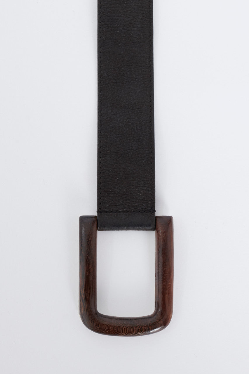 Dark Brown Leather Belt With Wood And Metal Hardware