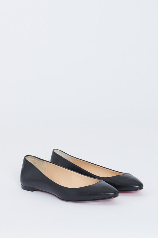 Black Leather Ballet Flats with Red Leather Sole