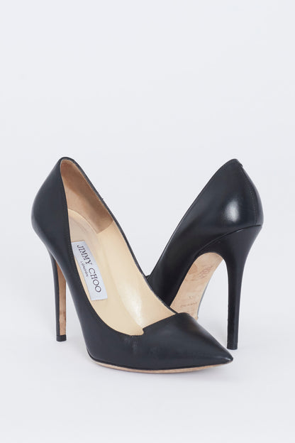 Black Leather Pointed Toe Stiletto Heel Preowned Pumps