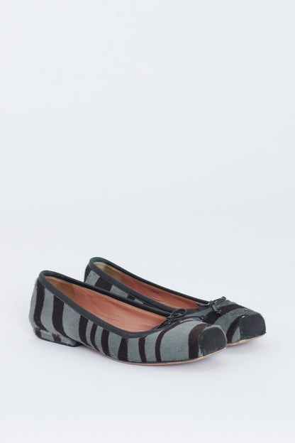 Grey and Brown Stripe Ponyskin Preowned Ballet Flats