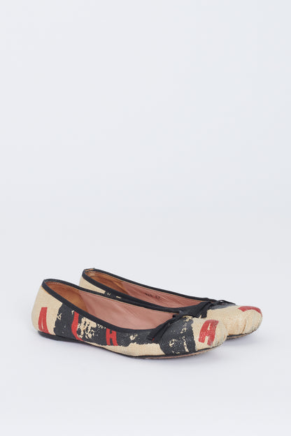 Cream, Black and Red Graphic Print Preowned Ballet Flats
