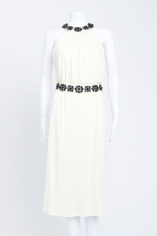 Cream Halter Neck Embellished Midi Dress