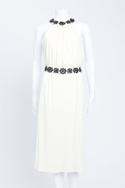 Cream Halter Neck Embellished Midi Dress