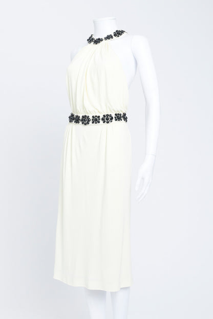 Cream Halter Neck Embellished Midi Dress