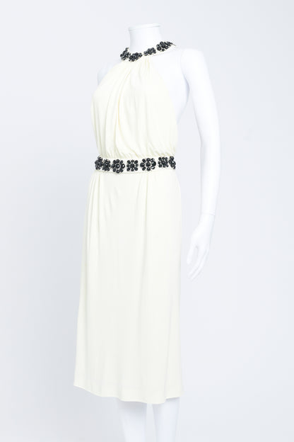 Cream Halter Neck Embellished Midi Dress