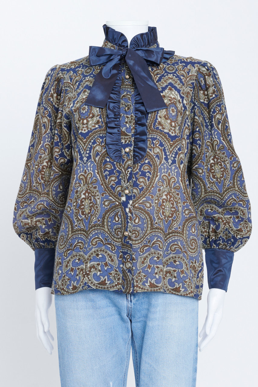 Paisley Print Wool Ruffle Neck Blouse