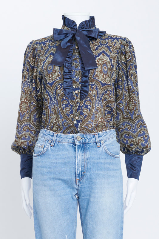 Paisley Print Wool Ruffle Neck Blouse