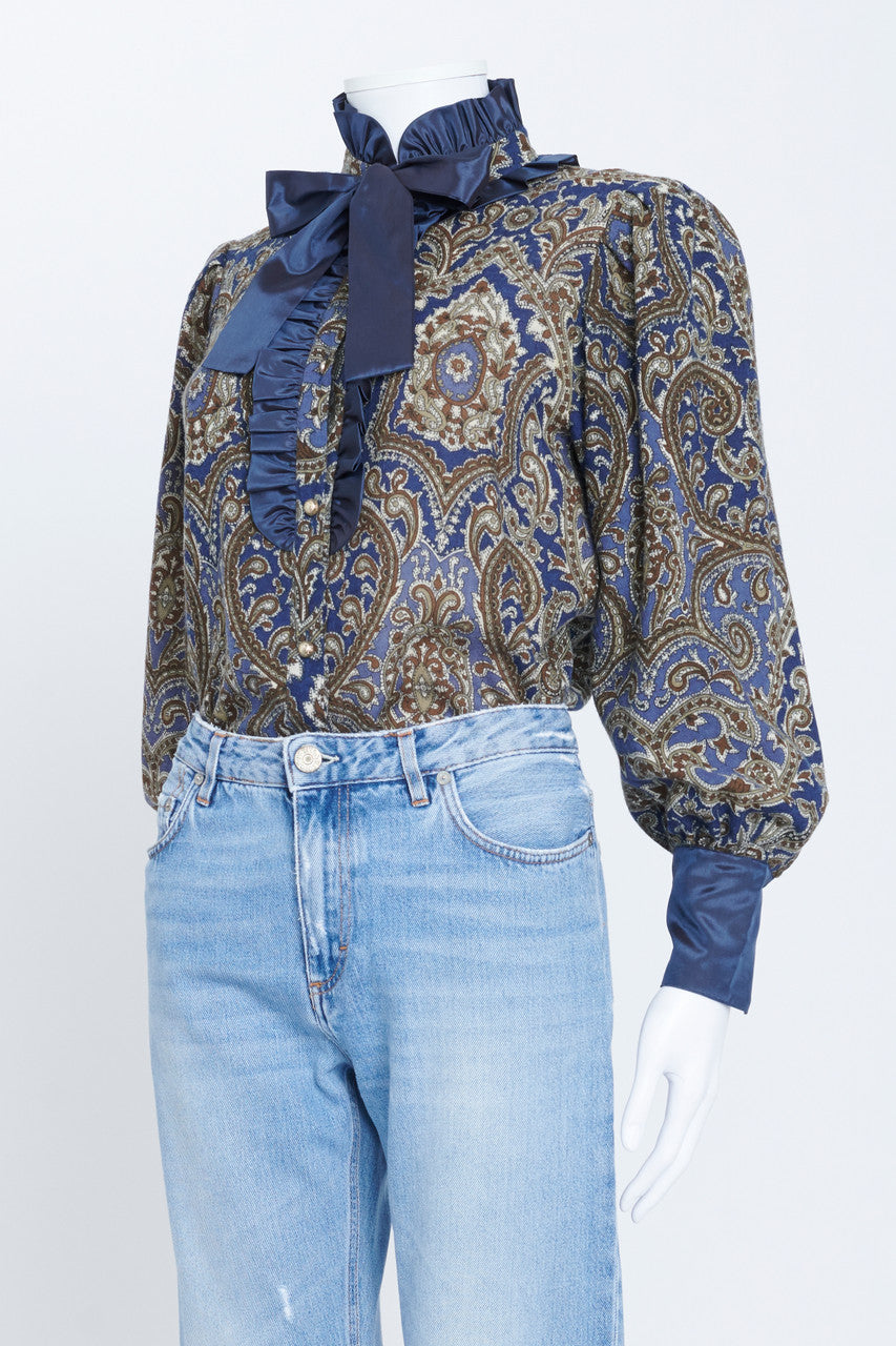 Paisley Print Wool Ruffle Neck Blouse