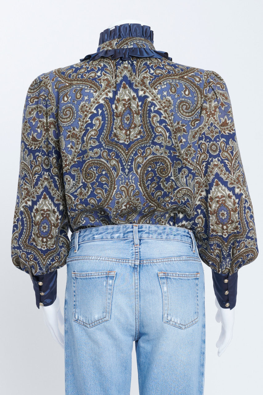 Paisley Print Wool Ruffle Neck Blouse