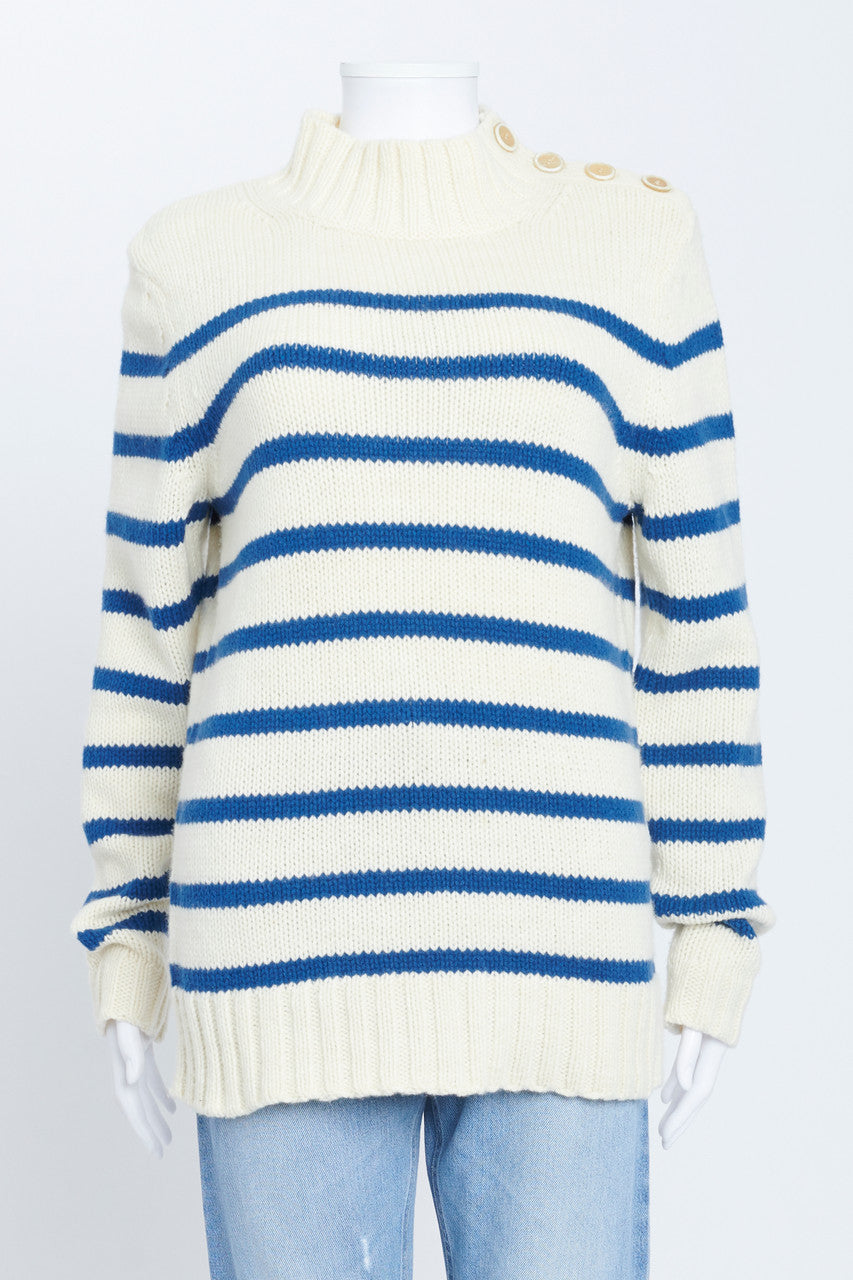 White and Blue Striped Knitted Sweater