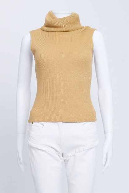 Gold Metallic Knitted Sleeveless Preowned Turtleneck Top