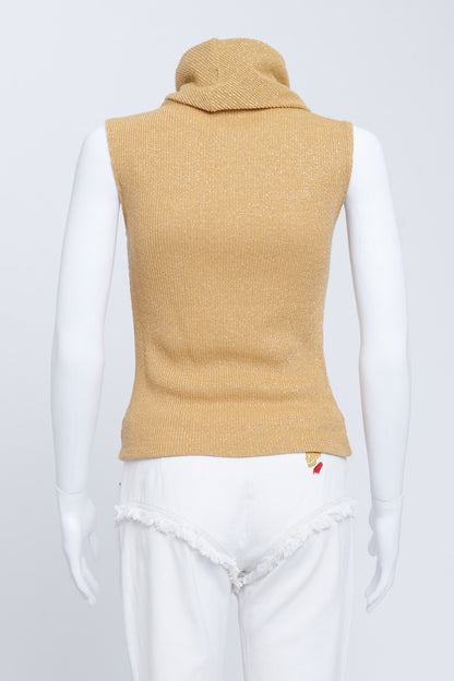 Gold Metallic Knitted Sleeveless Preowned Turtleneck Top