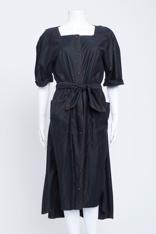 1980's Black Cotton Contrast Stitching Midi Dress