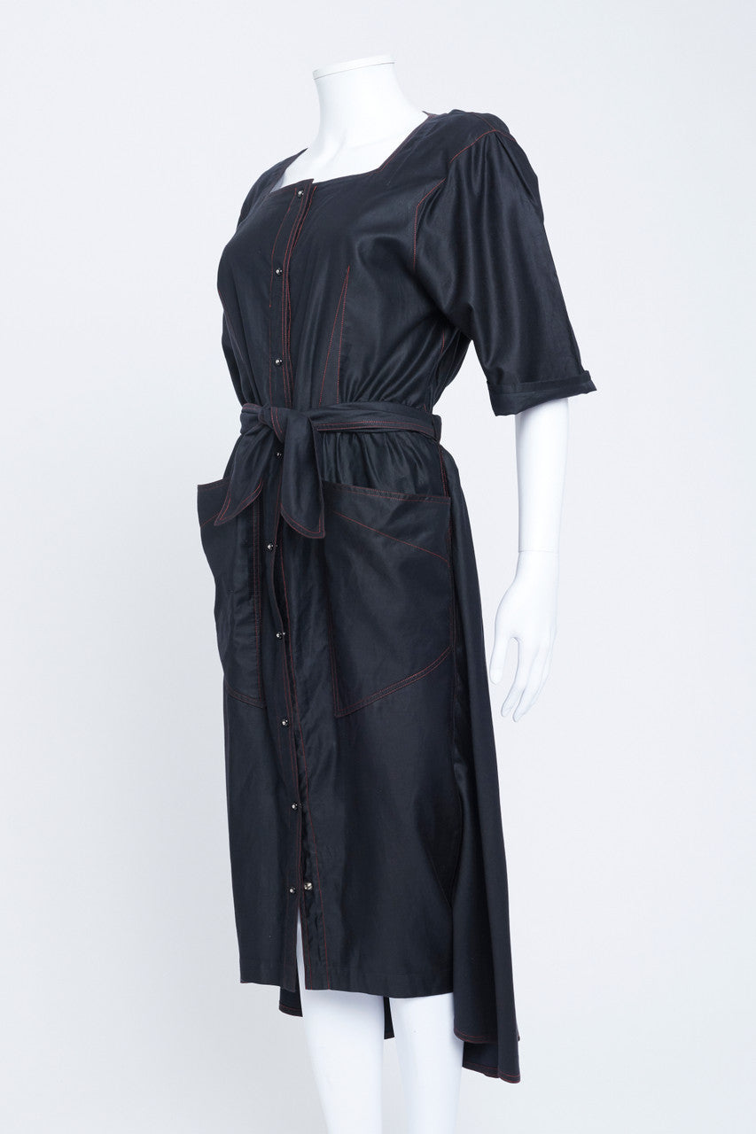 1980's Black Cotton Contrast Stitching Midi Dress
