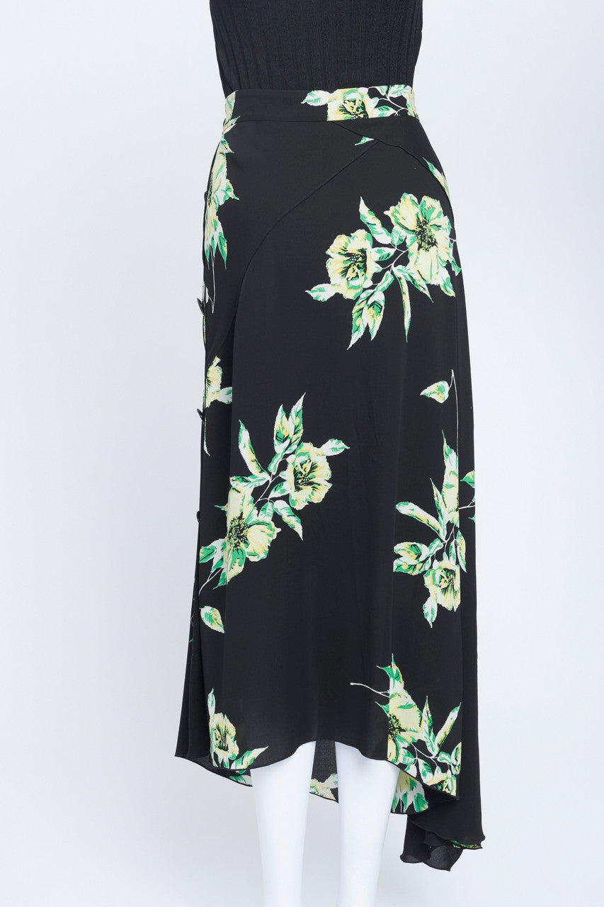Black Lily-Print Asymmetric Skirt