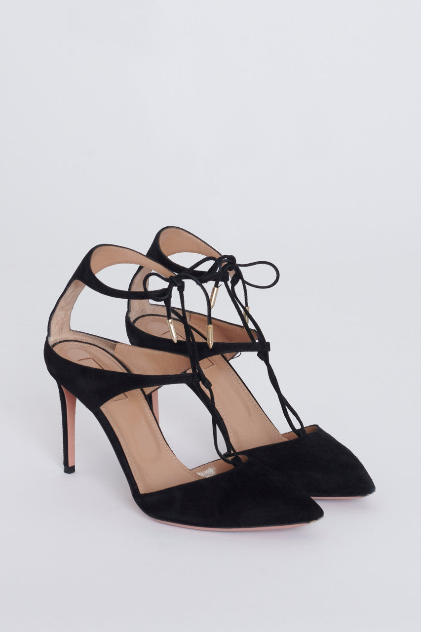 Black Suede Ankle Tied Pointed Toe Preowned Heels