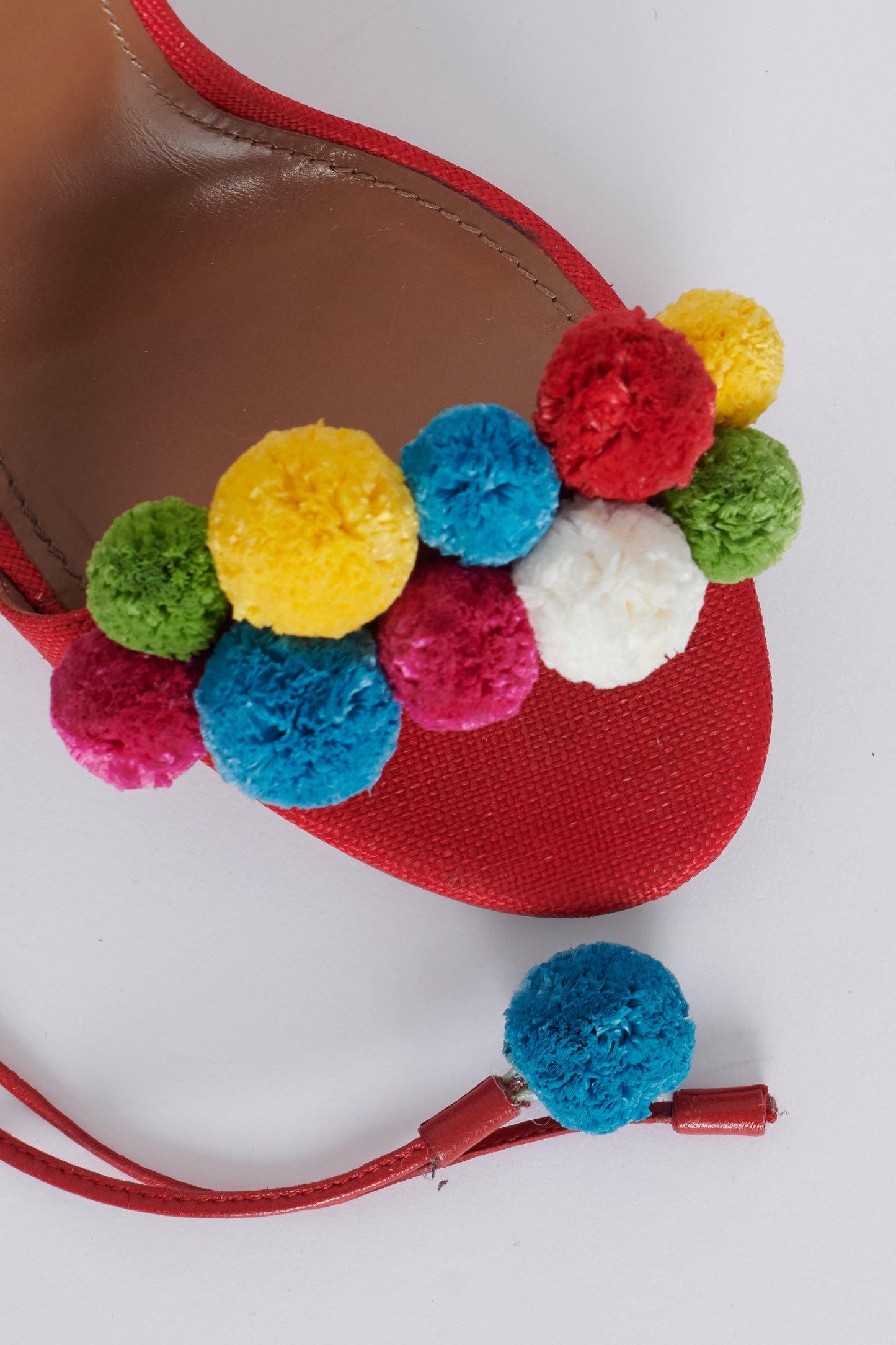 Red Ankle Tie Preowned Heels with Multicolour Pom Poms